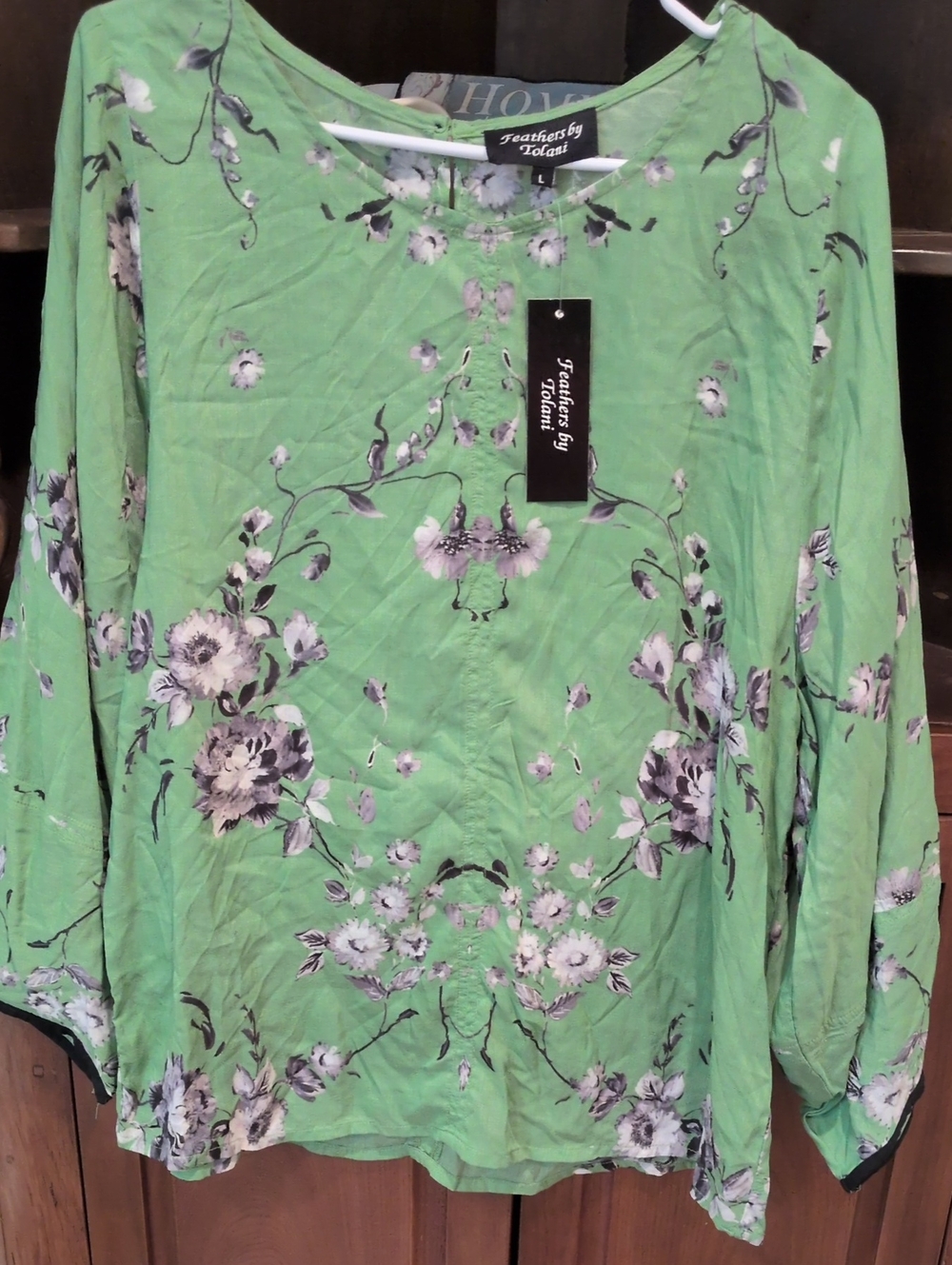 Flowers By Tolani Apple Green Floral Long-Sleeve Blouse - Size L